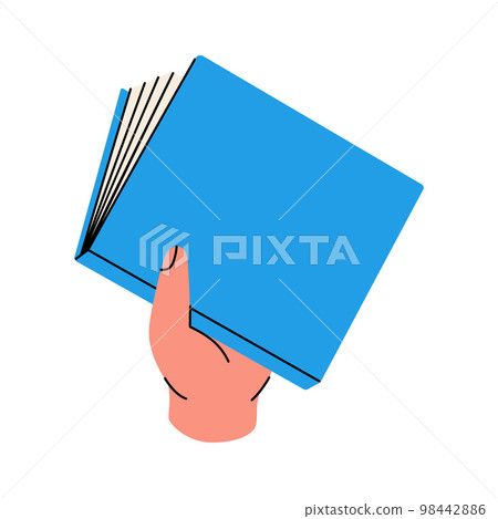 Hand holding closed book. Read more. Bookstore, library, book shop illustration. Literature, dictionaries, encyclopedias, planners. Hand holding closed book. Read more. Bookstore, library, book shop illustration. Literature, dictionaries, encyclopedias, planners. 98442886