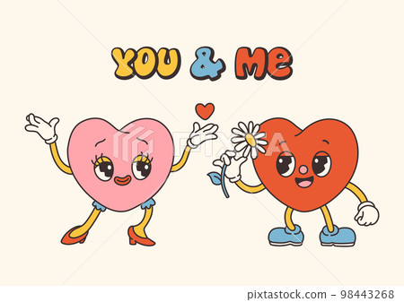 Retro Groovy Valentines day characters with slogans about love. Trendy 70s cartoon style. Card, postcard, print vector Retro Groovy Valentines day characters with slogans about love. Trendy 70s cartoon style. Card, postcard, print vector 98443268