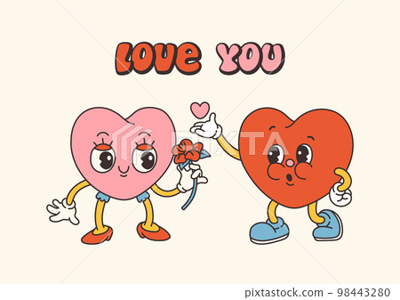 Retro Groovy Valentines day characters with slogans about love. Trendy 70s cartoon style. Card, postcard, print vector Retro Groovy Valentines day characters with slogans about love. Trendy 70s cartoon style. Card, postcard, print vector 98443280