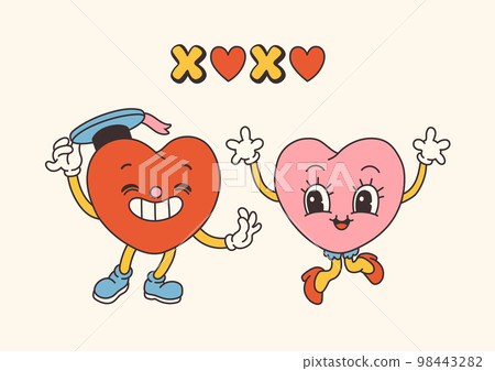 Retro Groovy Valentines day characters with slogans about love. Trendy 70s cartoon style. Card, postcard, print vector 98443282