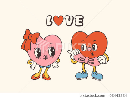 Retro Groovy Valentines day characters with slogans about love. Trendy 70s cartoon style. Card, postcard, print vector Retro Groovy Valentines day characters with slogans about love. Trendy 70s cartoon style. Card, postcard, print vector 98443284