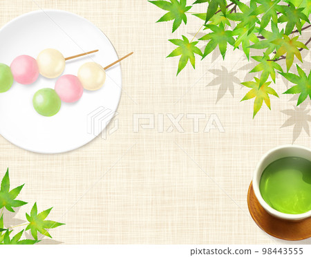 Japanese-style illustration set of three-color dumplings on a plate with tea on a beige linen-hand drawn background material Japanese-style illustration set of three-color dumplings on a plate with tea on a beige linen-hand drawn background material 98443555