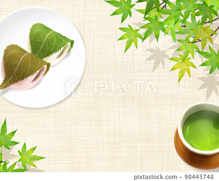 Japanese-style illustration set of sakuramochi with cherry leaves on a plate with tea on a luncheon mat of linen - hand drawn background material 98443748