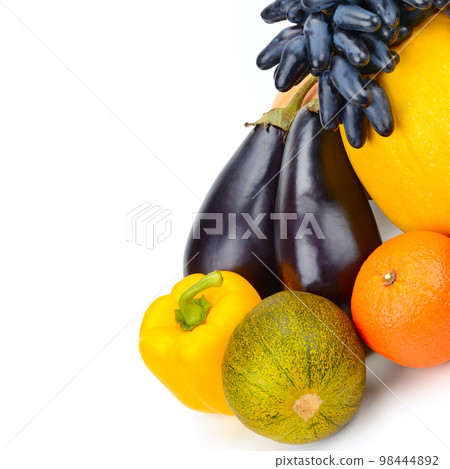 Vegetables and fruits isolated on white . Free space for text. Vegetables and fruits isolated on white . Free space for text. 98444892