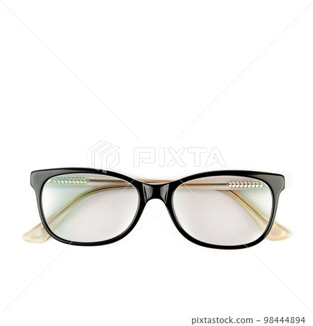 Elegant black framed glasses isolated on white background. Free space for text. Elegant black framed glasses isolated on white background. Free space for text. 98444894