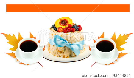 Meringue cake with fruits and berries, a cup of coffee isolated on a white . Collage. Free space for text. Wide photo. 98444895