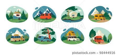 Caravan camp. Home car. RV truck. Adventure in camper van. Retro travel vehicle. Holiday lifestyle. Nature vacation. Campsite transport. Mobile trailers set. Vector doodle illustrations Caravan camp. Home car. RV truck. Adventure in camper van. Retro travel vehicle. Holiday lifestyle. Nature vacation. Campsite transport. Mobile trailers set. Vector doodle illustrations 98444916