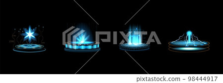 3D technology hologram. Game teleportation flow. Space portal with speed techno blue neon light glow. Teleport platform. Futuristic screen. Digital energy effect. Vector elements set 3D technology hologram. Game teleportation flow. Space portal with speed techno blue neon light glow. Teleport platform. Futuristic screen. Digital energy effect. Vector elements set 98444917