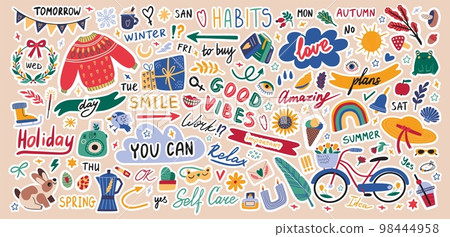 Diary, planner stickers, cute scrapbook isolated elements. Daily notes with bicycle, sun and botanical elements. Doodle style girl typography agenda and notebook. Vector cartoon illustration set 98444958