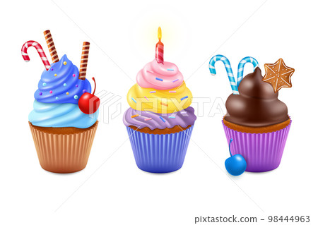 3d sweet dessert, cup cakes with different decor. Chocolate food, cute donuts and cupcakes, pink candy and cherry. Birthday muffin. Tasty bakery products, vector realistic illustration set 98444963