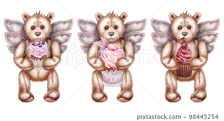 Watercolor hand drawn teddy bears - an angel with pink cupcakes for Valentine's Day, birthday, wedding. Elements isolated on white background Watercolor hand drawn teddy bears - an angel with pink cupcakes for Valentine's Day, birthday, wedding. Elements isolated on white background 98445254