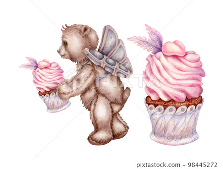 Watercolor hand drawn teddy bear - an angel with pink cupcake for Valentine's Day, birthday, wedding. Elements isolated on white background Watercolor hand drawn teddy bear - an angel with pink cupcake for Valentine's Day, birthday, wedding. Elements isolated on white background 98445272