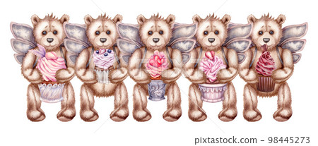 Watercolor hand drawn teddy bears - an angel with pink cupcakes for Valentine's Day, birthday, wedding. Elements isolated on white background Watercolor hand drawn teddy bears - an angel with pink cupcakes for Valentine's Day, birthday, wedding. Elements isolated on white background 98445273