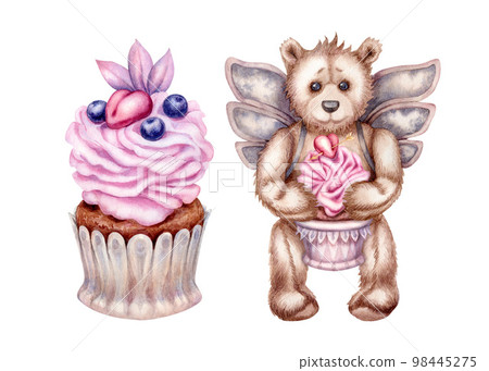 Watercolor hand drawn teddy bear - an angel with pink cupcake for Valentine's Day, birthday, wedding. Elements isolated on white background Watercolor hand drawn teddy bear - an angel with pink cupcake for Valentine's Day, birthday, wedding. Elements isolated on white background 98445275