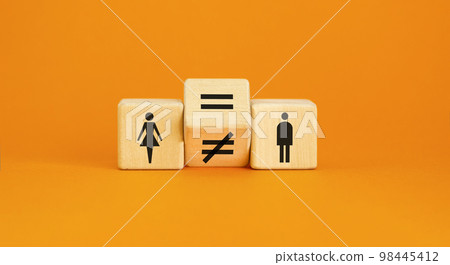 Symbol for gender equality. Turned a cube and changed a unequal sign to a equal sign between symbols of men and women. Beautiful orange table orange background, copy space. Gender equality concept. Symbol for gender equality. Turned a cube and changed a unequal sign to a equal sign between symbols of men and women. Beautiful orange table orange background, copy space. Gender equality concept. 98445412