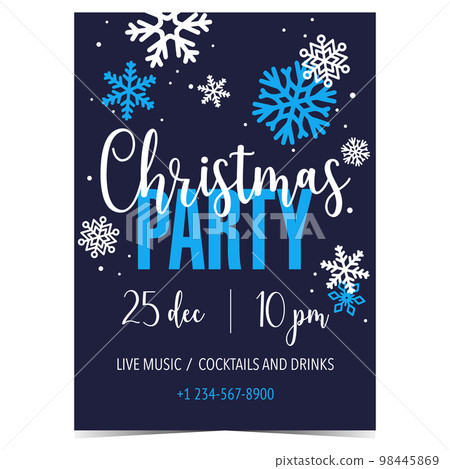 Christmas party invitation postcard. Vector illustration of poster, banner, leaflet or flyer suitable for Christmas celebration announcement and promotion with snowflakes on blue background. Christmas party invitation postcard. Vector illustration of poster, banner, leaflet or flyer suitable for Christmas celebration announcement and promotion with snowflakes on blue background. 98445869