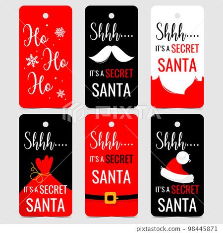 Vector illustrations of Secret Santa labels and tags in red, black and white colours with Christmas elements, mustache and beard of Santa Claus, bag with Christmas gifts, Santa's red hat and suit. Vector illustrations of Secret Santa labels and tags in red, black and white colours with Christmas elements, mustache and beard of Santa Claus, bag with Christmas gifts, Santa's red hat and suit. 98445871