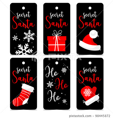 Secret Santa tag or label with Christmas elements such as gift or present, Christmas stocking, red Santa Claus mittens and hat on black background. Vector illustration in flat style. Secret Santa tag or label with Christmas elements such as gift or present, Christmas stocking, red Santa Claus mittens and hat on black background. Vector illustration in flat style. 98445872