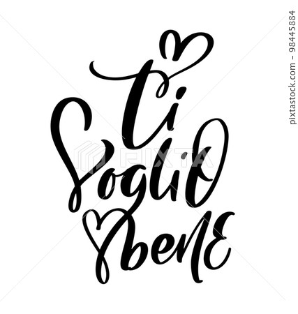 I love you on Italian Ti Voglio Bene. Black vector calligraphy lettering wedding text with heart. Holiday quote design for valentine greeting card, phrase poster I love you on Italian Ti Voglio Bene. Black vector calligraphy lettering wedding text with heart. Holiday quote design for valentine greeting card, phrase poster 98445884