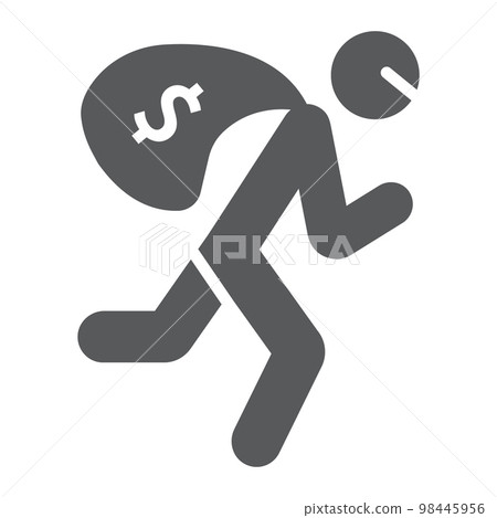Robbery glyph icon, crime and burglary, thief with money bag sign, vector graphics, a solid pattern on a white background, eps 10. Robbery glyph icon, crime and burglary, thief with money bag sign, vector graphics, a solid pattern on a white background, eps 10. 98445956
