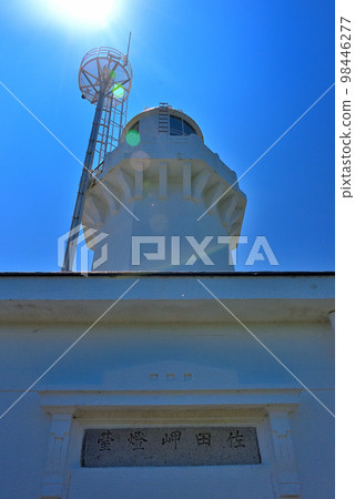 Shikoku, Ehime, Sadamisaki, looking up at the door of the Sadamisaki Lighthouse building and the chalk white lighthouse, Ikata-cho, Ehime Prefecture 98446277