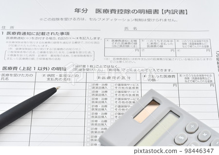 Statement of medical expense deduction, calculator and ballpoint pen 98446347