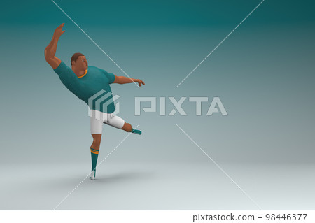An athlete wearing a green shirt and white pants is jumping. 3d rendering of cartoon character in acting. An athlete wearing a green shirt and white pants is jumping. 3d rendering of cartoon character in acting. 98446377