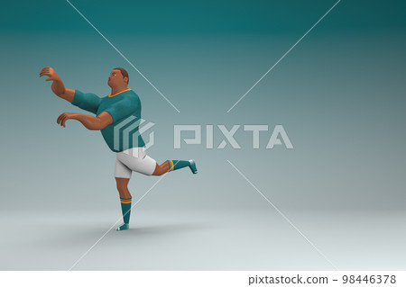 An athlete wearing a green shirt and white pants.  He is doing exercise. 3d rendering of cartoon character in acting. 98446378