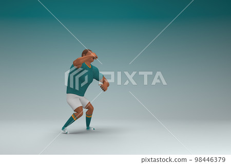 An athlete wearing a green shirt and white pants.  He is doing exercise. 3d rendering of cartoon character in acting. 98446379