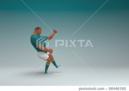 An athlete wearing a green shirt and white pants.  He is doing exercise. 3d rendering of cartoon character in acting. 98446380