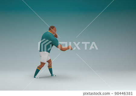 An athlete wearing a green shirt and white pants. He is doing exercise. 3d rendering of cartoon character in acting. An athlete wearing a green shirt and white pants. He is doing exercise. 3d rendering of cartoon character in acting. 98446381