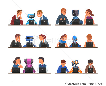 Man and Woman Employee Competing with Robot Working at Laptop Vector Set Man and Woman Employee Competing with Robot Working at Laptop Vector Set 98446595