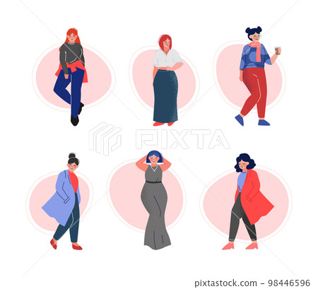 Attractive Plus Size Woman Character in Fashionable Clothes Vector Set 98446596