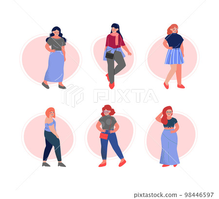 Attractive Plus Size Woman Character in Fashionable Clothes Vector Set Attractive Plus Size Woman Character in Fashionable Clothes Vector Set 98446597