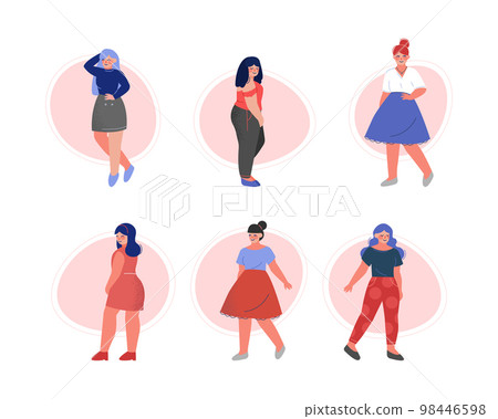 Attractive Plus Size Woman Character in Fashionable Clothes Vector Set 98446598