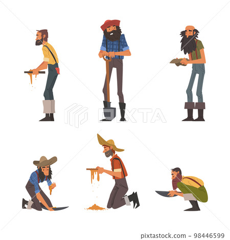 Bearded Male Prospector Characters with Shovel and Pan Vector Set 98446599