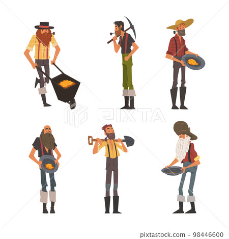 Bearded Male Prospector Characters with Shovel and Pickaxe Vector Set Bearded Male Prospector Characters with Shovel and Pickaxe Vector Set 98446600