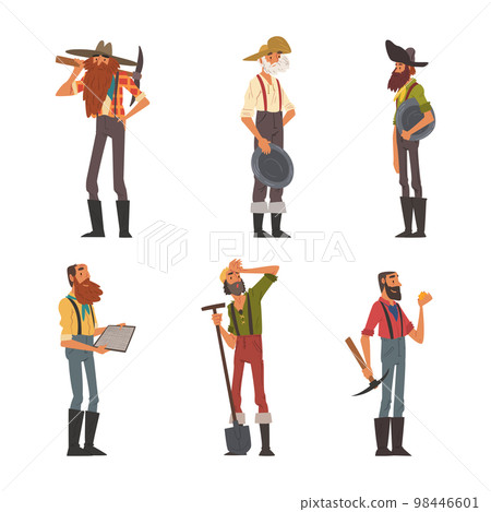 Bearded Male Prospector Characters with Shovel and Pickaxe Vector Set Bearded Male Prospector Characters with Shovel and Pickaxe Vector Set 98446601