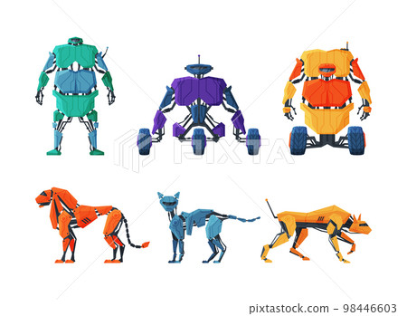 Animal and Humanoid Robots with Metal Body Joints and Limbs Vector Set 98446603