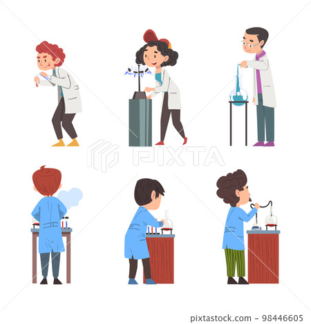 Man and Woman Scientist in Lab Coat with Flask Conducting Scientific Research Vector Set 98446605