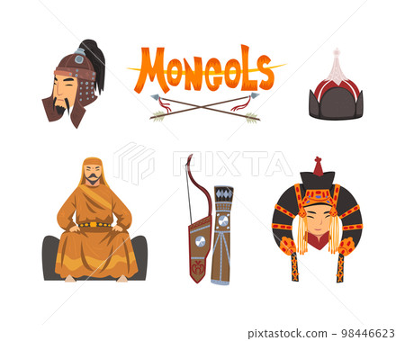 Mongol Nomad Characters in Traditional Clothing with Quiver with Bow and Headdress Vector Set Mongol Nomad Characters in Traditional Clothing with Quiver with Bow and Headdress Vector Set 98446623
