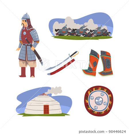 Mongol Nomad Character in Traditional Clothing with Yurt Dwelling, Boots and Shield Vector Set Mongol Nomad Character in Traditional Clothing with Yurt Dwelling, Boots and Shield Vector Set 98446624