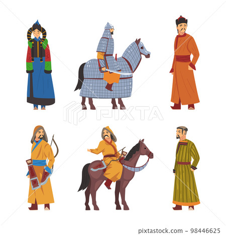 Mongol Nomad Characters in Traditional Clothing Vector Set 98446625