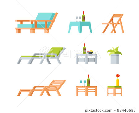Backyard or Patio Furniture for Relax with Garden Wooden Table, Deck Chair and Flowerpot Vector Set 98446685