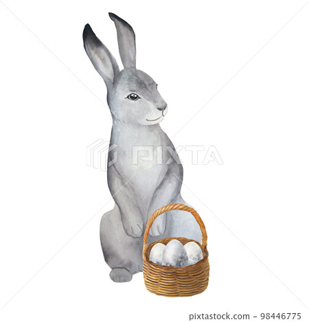Watercolor illustration of cute easter rabbit with eggs in basket Watercolor illustration of cute easter rabbit with eggs in basket 98446775