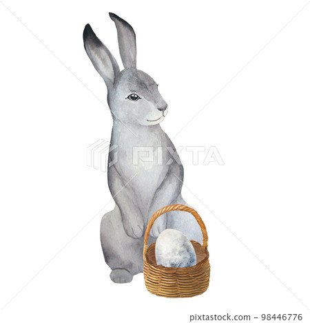 Watercolor illustration of cute easter rabbit with egg in basket Watercolor illustration of cute easter rabbit with egg in basket 98446776