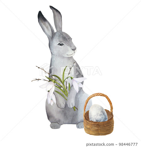 Watercolor illustration of cute easter rabbit with bouquet and egg in basket Watercolor illustration of cute easter rabbit with bouquet and egg in basket 98446777