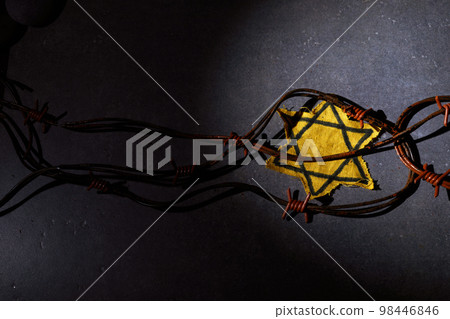 Holocaust memory day. Barbed wire, stones and yellow star on dark background Holocaust memory day. Barbed wire, stones and yellow star on dark background 98446846