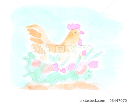 Chicken, nest, eggs, Easter. Watercolor, art decoration, sketch. Illustration hand drawn modern 98447070