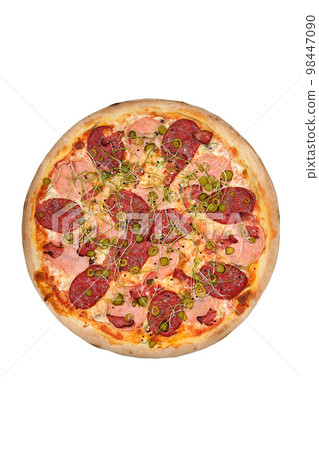 pizza with ham, sausage and gherkins isolated on white 98447090